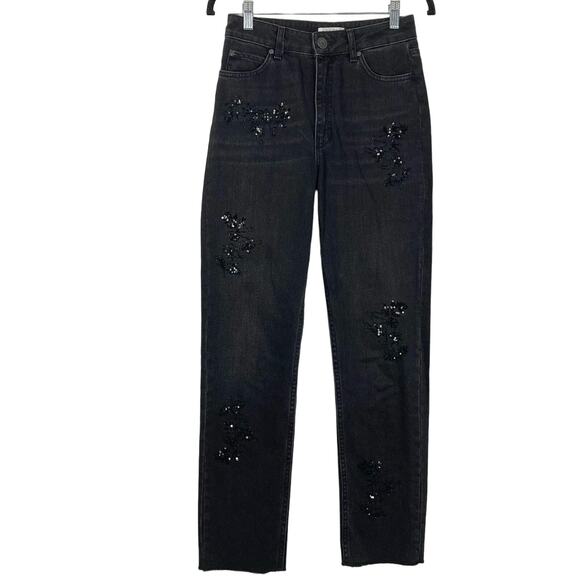 NWT SANDRO PARIS Jeans 36 Waist~27”Black Sequins Embroidery RawHem Straight”Alis - Picture 2 of 16